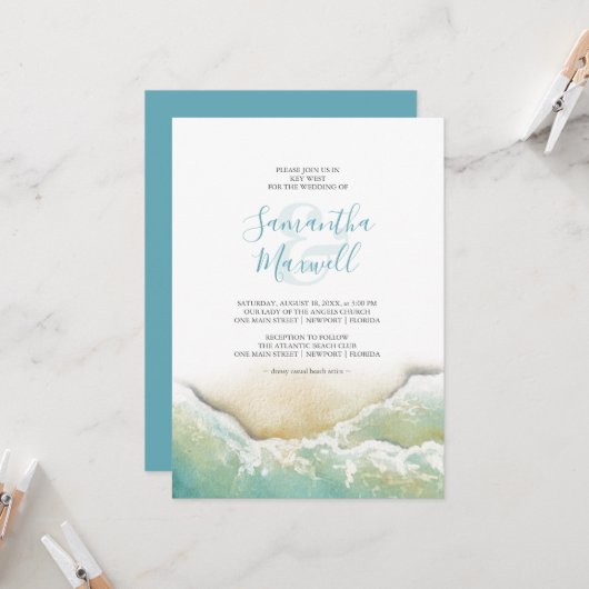 Invitation de mariage Rivage Aquarelle Bleu Tropic (Devant/Arrière en situation)