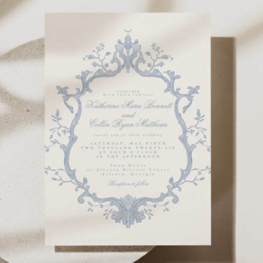 Invitation de mariage rococo bleu poussiéreux
