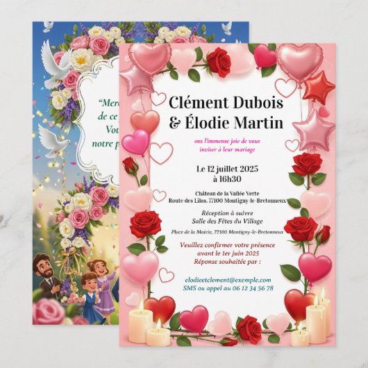 Invitation de Mariage Romantique aux Fleurs (Devant / Derrière)