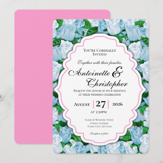 Invitation de mariage Rose Bleue et Blanche avec B (Devant / Derrière)