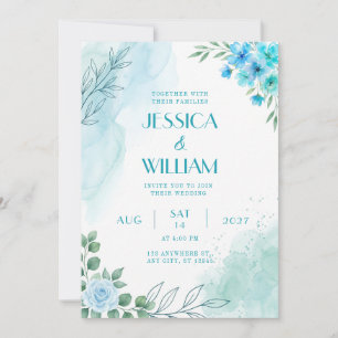 Invitation de mariage Rose Bleue Turquoise Aquarel