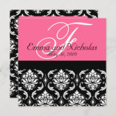 Invitation de mariage rose chaud Monogramme Damas  (Devant / Derrière)