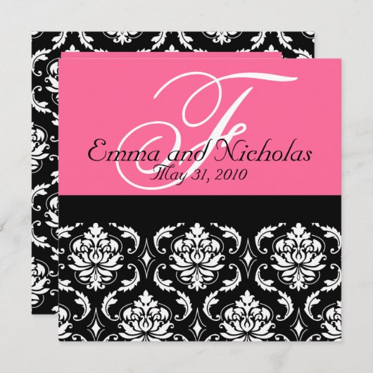 Invitation de mariage rose chaud Monogramme Damas  (Devant / Derrière)