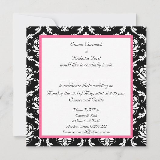 Invitation de mariage rose chaud Monogramme Damas (Dos)