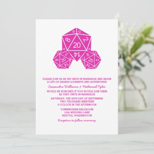 Invitation de mariage rose D20 dés (Debout devant)