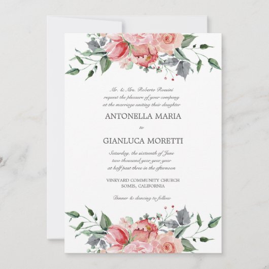 Invitation de mariage rose Elegant tout en un avec (Devant)