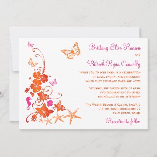 Invitation de mariage rose, orange, blanc tropical (Devant)
