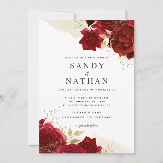 Invitation de mariage Rose Romantique Or Rouge (Devant)