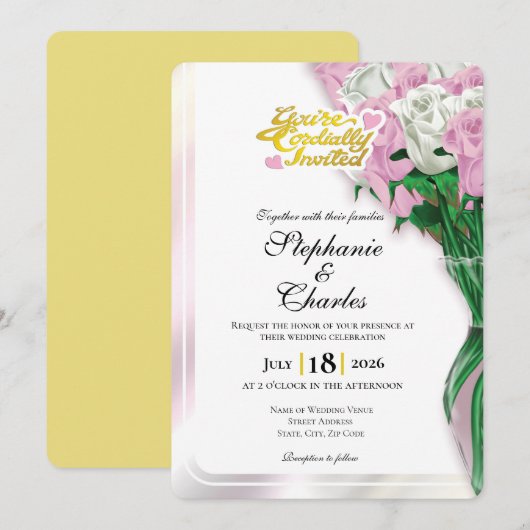 Invitation de mariage Rose Rose - Lettres dorées 2 (Devant / Derrière)