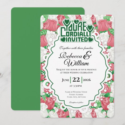 Invitation de mariage Rose Rouge & Blanche - Lettr (Devant / Derrière)