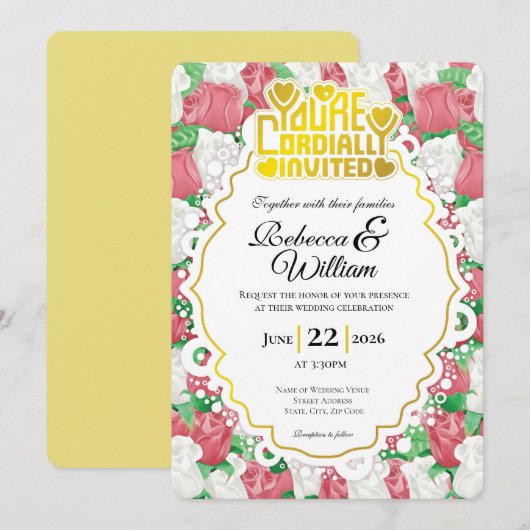 Invitation de mariage Rose Rouge & Blanche - Lettr (Devant / Derrière)