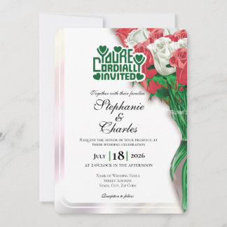 Invitation de mariage Rose Rouge - En-tête Vert #4