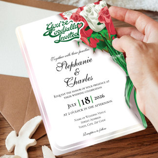 Invitation de mariage Rose Rouge - Lettrage Vert 2