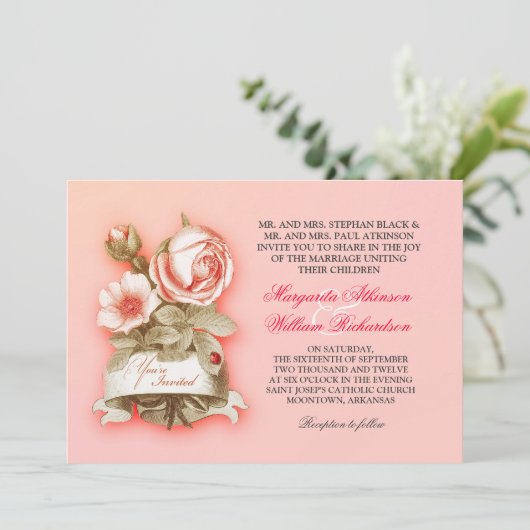 invitation de mariage rose vintage (Debout devant)