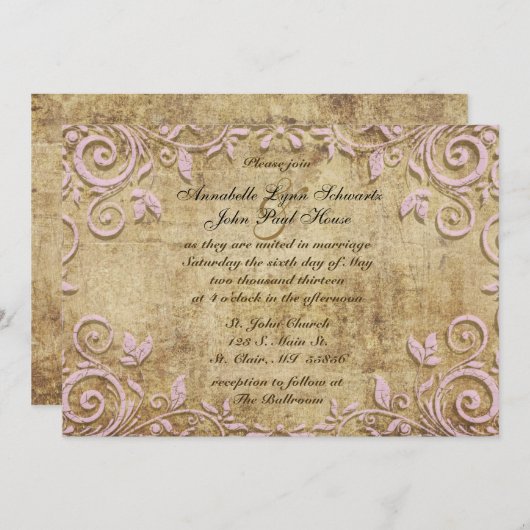 Invitation de mariage rose Vintage (Devant / Derrière)
