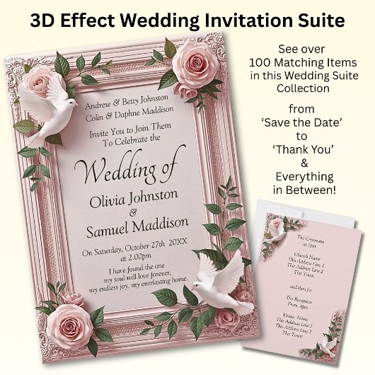 Invitation de mariage Roses roses & Colombes Maria