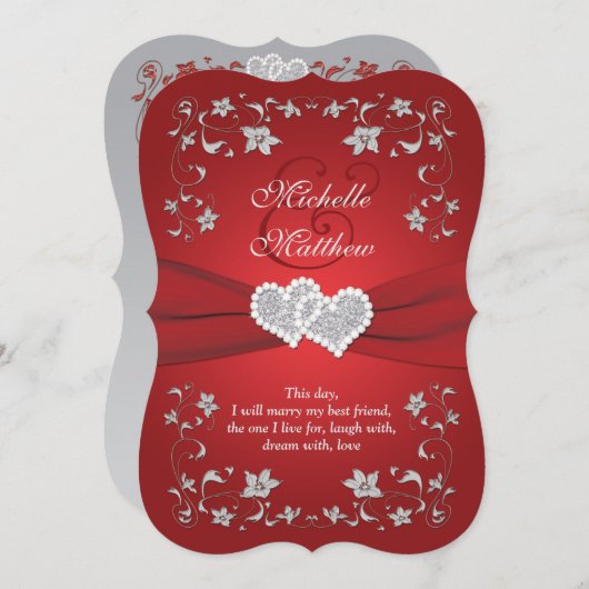 Invitation de mariage | Rouge, Argent, Floral, Coe (Devant / Derrière)