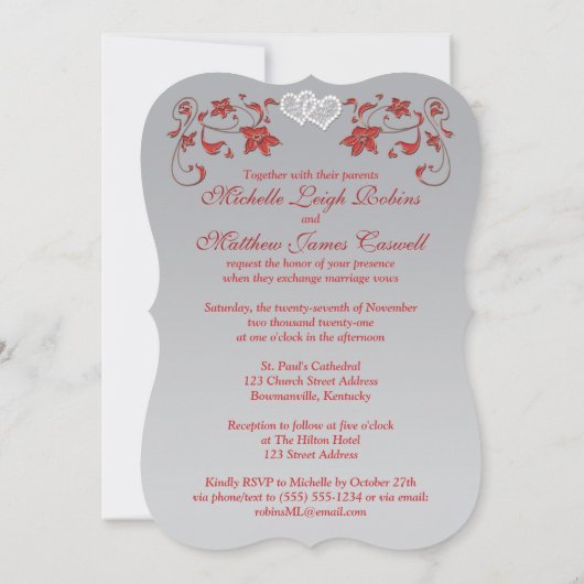 Invitation de mariage | Rouge, Argent, Floral, Coe (Dos)