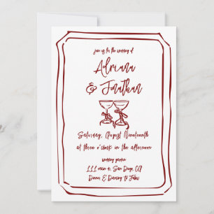 Invitation de mariage rouge bordeaux dessinée à la