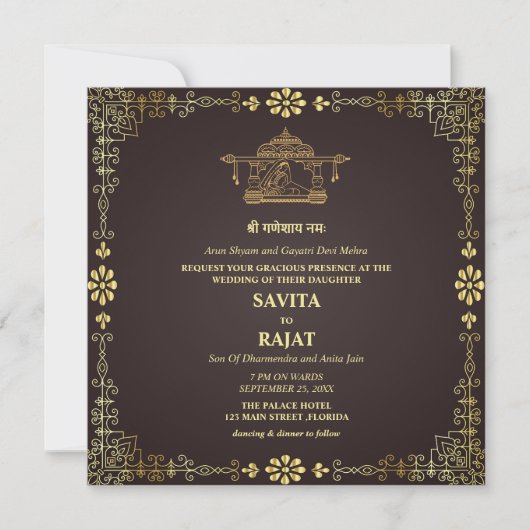 Invitation de mariage royal indien de luxe (Devant)