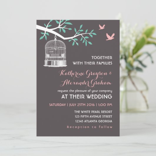 Invitation de mariage rustique avec cage à oiseaux (Debout devant)