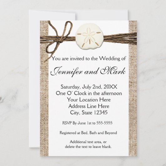 Invitation de mariage rustique de plage de dollar  (Devant)