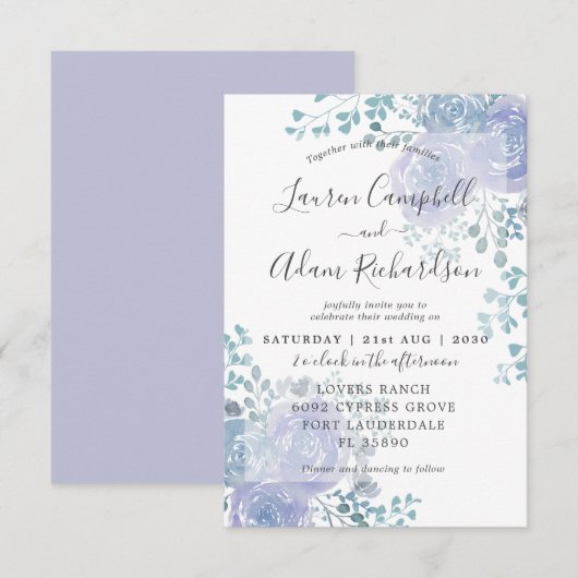 Invitation de mariage rustique floral bleu poussié (Devant / Derrière)