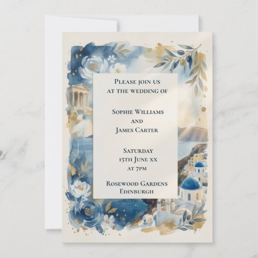 Invitation de mariage Santorin à fleurs bleues (Devant)