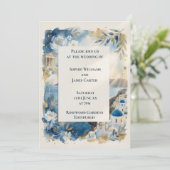 Invitation de mariage Santorin à fleurs bleues (Debout devant)