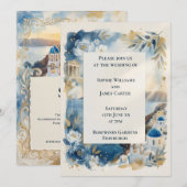 Invitation de mariage Santorin à fleurs bleues (Devant / Derrière)