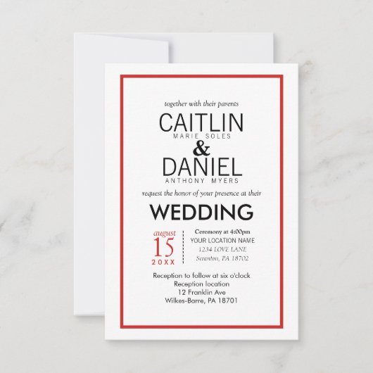 Invitation de mariage simple à la frontière rouge  (Devant)