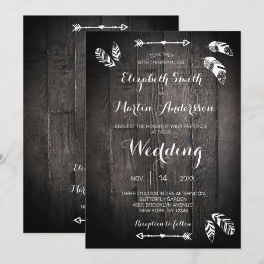 Invitation de mariage simple avec plume en bois ru (Devant / Derrière)