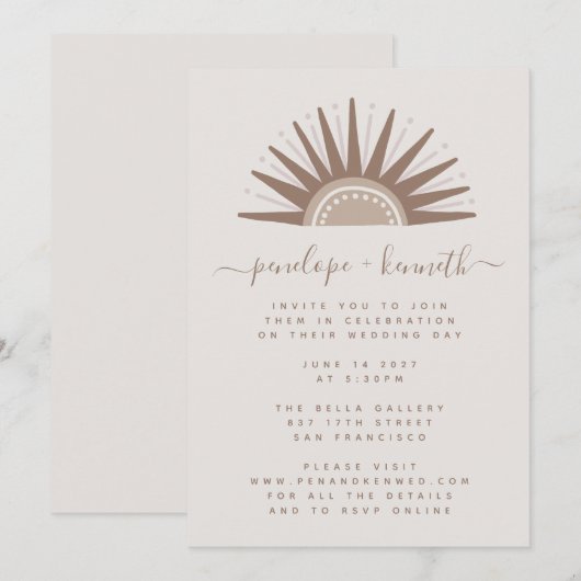 Invitation de mariage simple boho soleil marron et (Devant / Derrière)