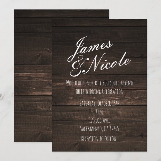 Invitation de mariage simple en bois rustique fonc (Devant / Derrière)