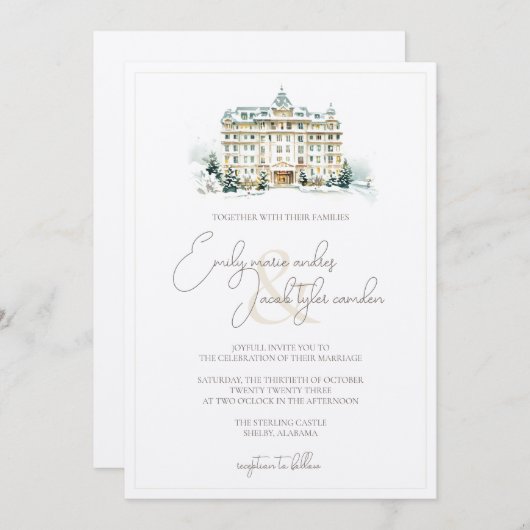 Invitation de mariage - Snowy Resort en aquarelle (Devant / Derrière)
