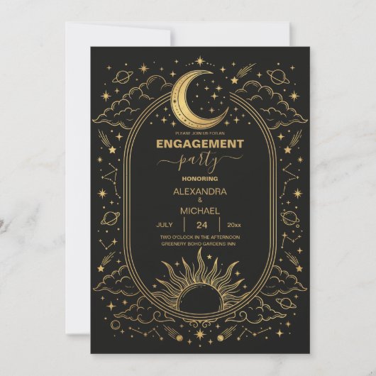Invitation de mariage Soleil Lune Céleste Noir Or (Devant)