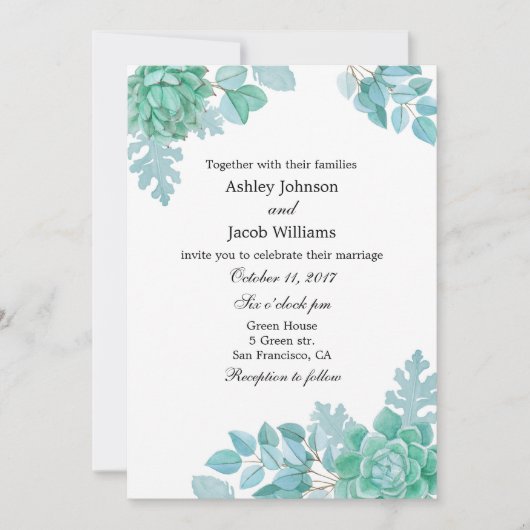 Invitation de mariage succulente. Invitation menth (Devant)