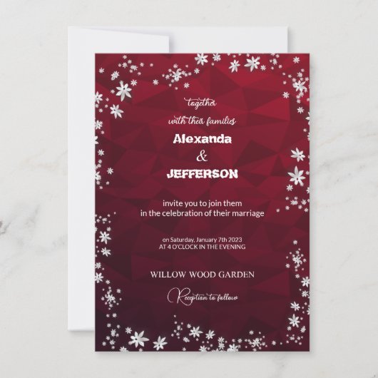 Invitation de mariage sur fond bordeaux polygonale (Devant)