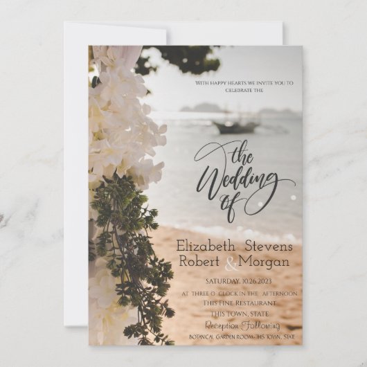 Invitation de mariage sur la plage aux fleurs de b (Devant)