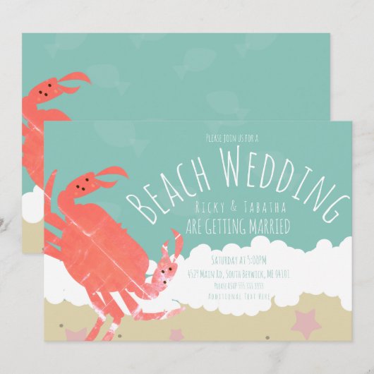 Invitation de mariage sur la plage avec crabe, sab (Devant / Derrière)