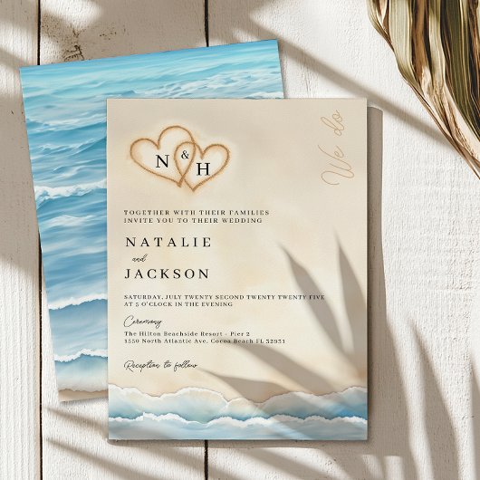 Invitation de mariage sur la plage avec les coeurs