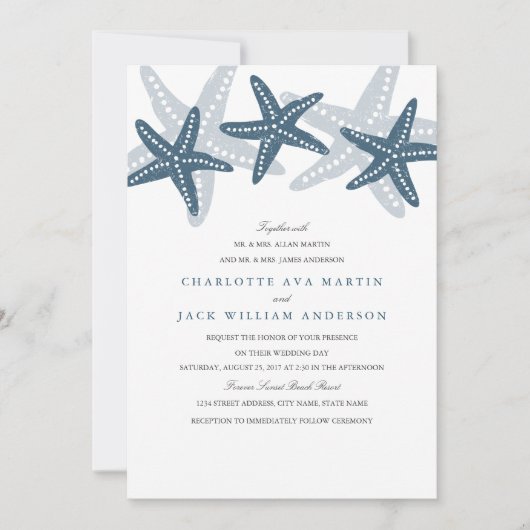Invitation de mariage sur la plage Blue Starfish (Devant)