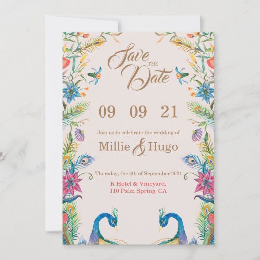 Invitation de mariage sur le thème du paon  (Devant)