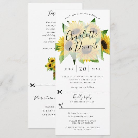 Invitation de mariage tournesol avec RSVP ci-joint (Devant / Derrière)