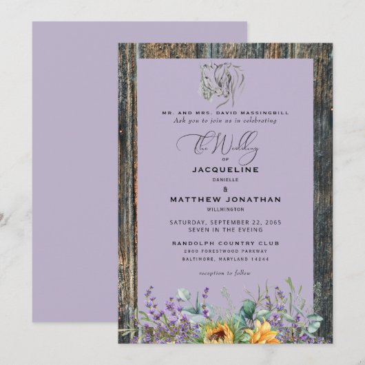Invitation de mariage Tournesols rustiques Chevaux (Devant / Derrière)