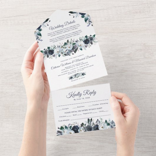 Invitation de mariage tout en un à fleurs bleu pou (Déchirure)