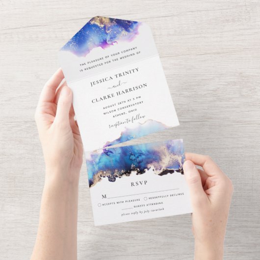 Invitation de mariage tout-en-un aquarelle bleue e (Déchirure)