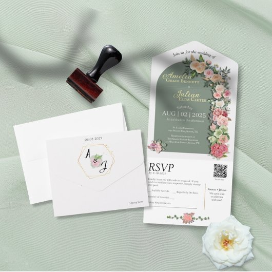 Invitation de mariage tout en un - Sage vert flora