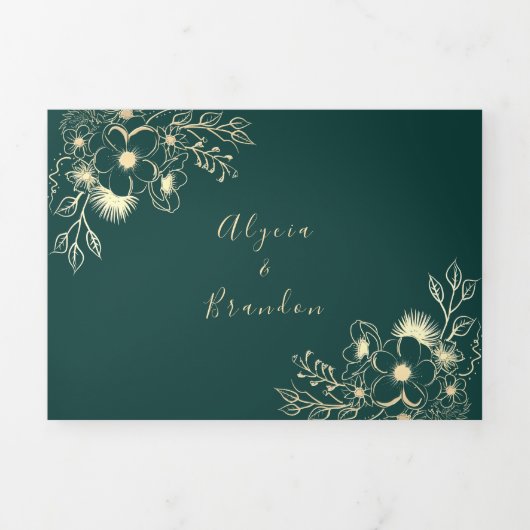 Invitation de mariage triple pli 3 en 1 vert émera (Page de couverture)