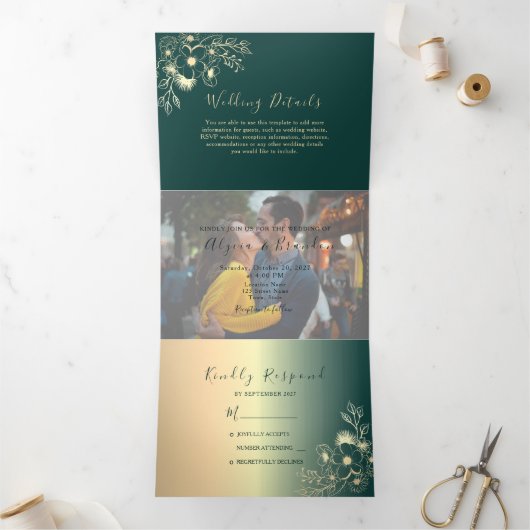 Invitation de mariage triple pli 3 en 1 vert émera (Intérieur)